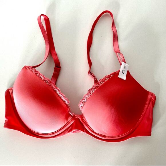 NEW CALVIN KLEIN Soft Salmon Pink Lace Ruffle Underwire Padded Bra 32C - Picture 2 of 5
